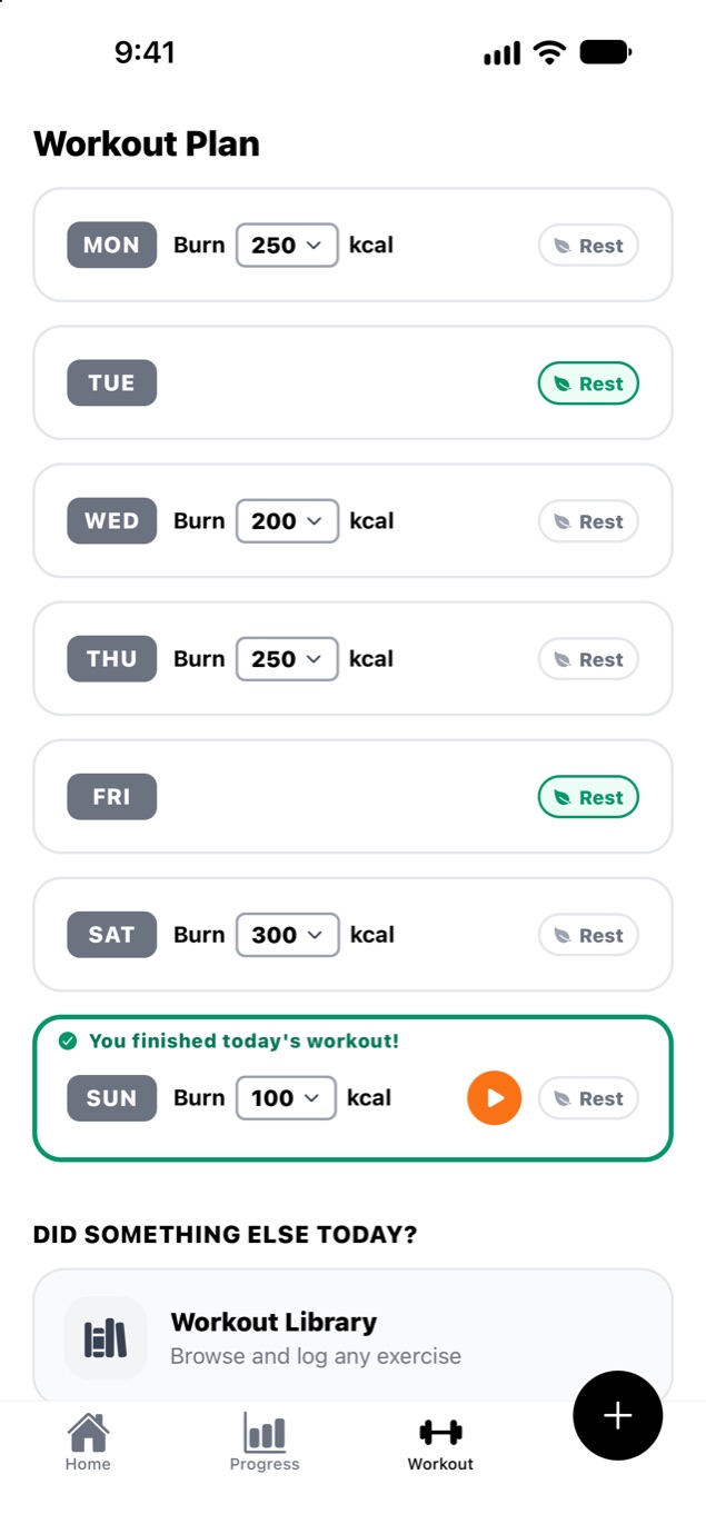 Weekly workout plan with a calorie-burn target per day
