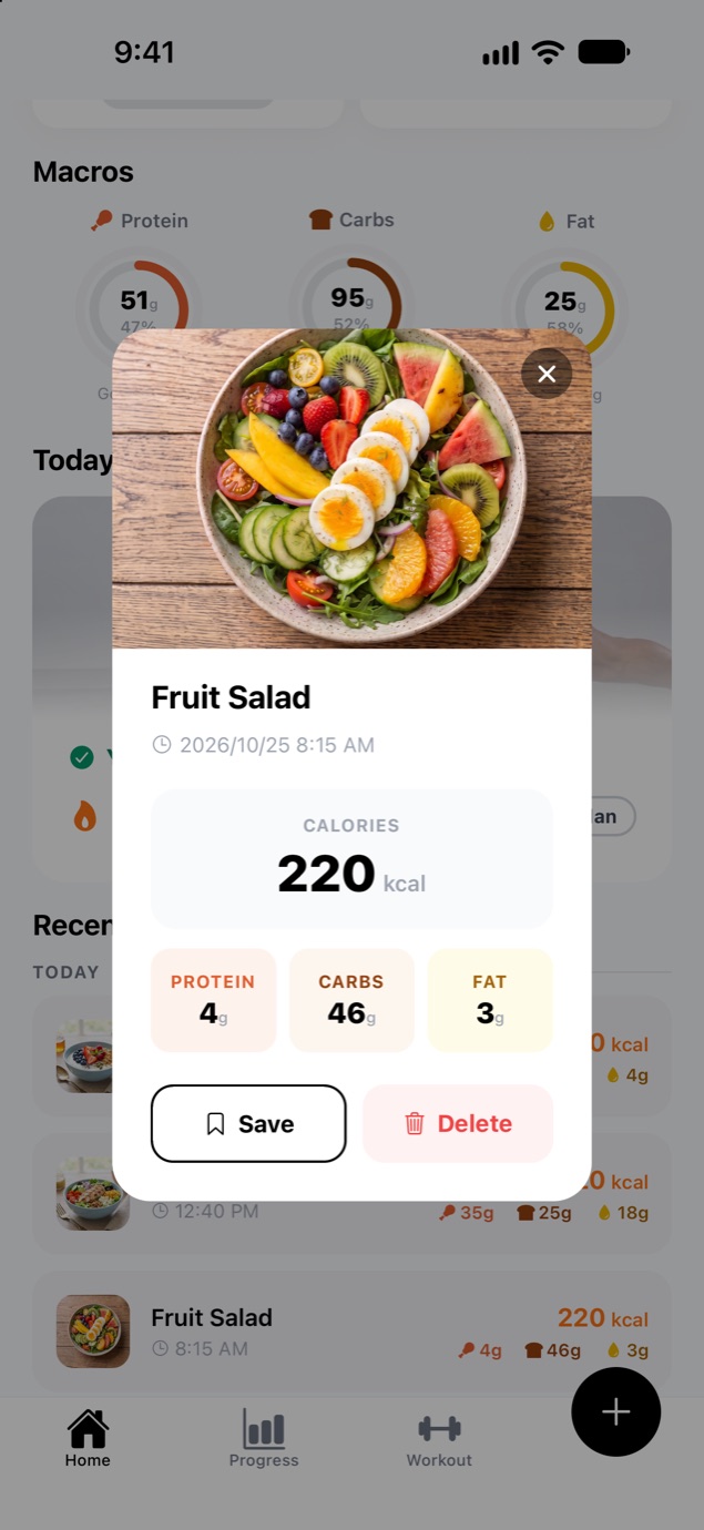 Meal detail: fruit salad, 220 kcal with protein, carbs and fat